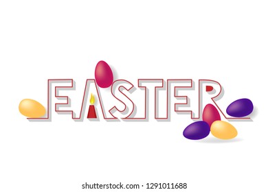 Easter poster - word written in geometric 3d style with bright colored Easter eggs on white background, 3d typography, lettering, vector illustration