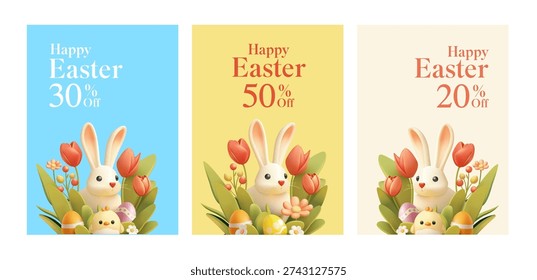 Easter posters with discount. Spring promotion offer. 3D bunny with Easter eggs and a little chicken hiding in spring flowers. Vector illustration.