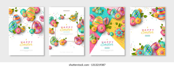 Easter posters or flyers design set with colorful eggs and spring flowers. Vector illustration. Place for your text