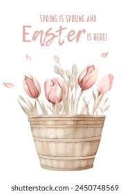 Easter posters or flyers design set with colorful eggs and spring flowers. Watercolor Vector illustration. Place for your text