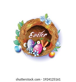 Easter posters or flyers, template with colorful eggs and golden eggs spring flowers eggs in the nest on light background