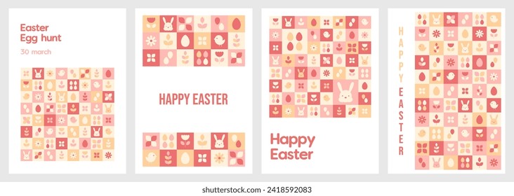 Easter posters with geometry patterns with spring symbols in tiles. Chick, rabbit head, eggs shape, chamomile, plants and flowers print. Vector illustration, cards with modern ornament in grid.