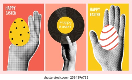 Easter posters with retro vinyl record and eggs. Design template. 