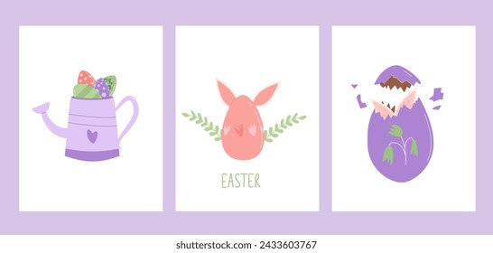 Easter posters template with decoration and text. Rabbit with eggs, flowers and watering can vertical banners. Spring holiday greeting cards collection. Vector flat set illustration.