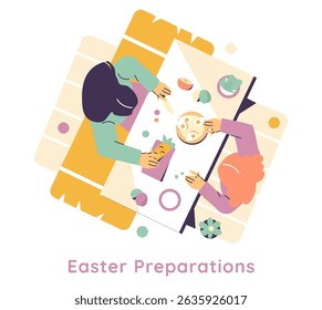 Easter preparations concept. Top view of women decorating festive eggs at table, creating creative holiday crafts and making decorations, enjoying seasonal traditions. Vector illustration