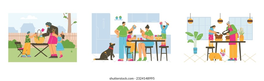 Easter preparations in family set of scenes with adults and children making preparations for holiday, flat cartoon vector illustration isolated on white background.