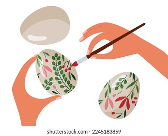 Preparativos de Semana Santa. Manos humanas coloreando el huevo de Pascua con pincel de pintura. Proceso de decoración de huevos de Pascua. Tradición de pintar huevos para Pascua. Ilustración vectorial plana sobre fondo blanco.