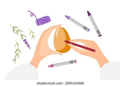 Easter preparations. Person painted an egg. Tradition of painting eggs for Easter. On table threads, pencils, lavender branches for creativity. Flat vector illustration. Empty egg surface.