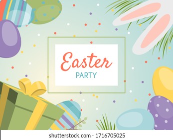 Easter present lettering on bright poster with traditional festive background, colorful design, in flat style vector illustration. Discount card for buying decorations and gifts for happy, fun holiday