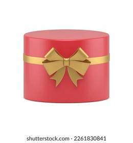 Easter present red tied classic circle gift box with golden bow ribbon 3d icon realistic vector illustration. Holiday festive surprise package rounded wrapped container for storage premium element