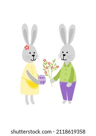 Easter presents. Pair. Bunny. Bunnies give each other easter gifts. Egg, flower. Flat, cartoon. Isolated vector stock illustration eps 10 on white background