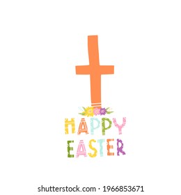 Easter print with cross and flowers. Design of postcards, fabrics for the holiday. The religious symbol of the cross. Happy Easter.