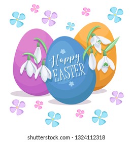Easter print design. Spring flowers card. Colored eggs vector. Easter day card