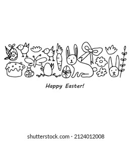 easter print with hand drawn outline elements and lettering happy easter