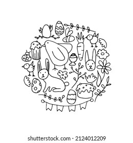 easter print with hand drawn outline elements in circle shape