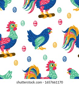 EASTER PRINT Holiday Cock Seamless Pattern Vector Illustration