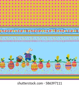 Easter print for home textiles. Cute bunny collecting Easter eggs.