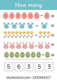 Druckbares mathematisches Lernblatt für Ostern. Subtraktion, Zählaktivitäten für Kinder. Lernspiele für Vorschulkinder und Kindergarten. Osterlernseiten für frühe Entwicklung.