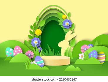 Easter product display podium mockup, paper cut bunny, Easter eggs, spring flowers, vector illustration. Spring holiday background, pedestal, stage, studio.