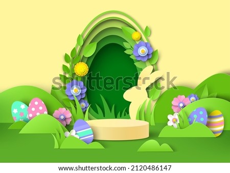 Easter product display podium mockup, paper cut bunny, Easter eggs, spring flowers, vector illustration. Spring holiday background, pedestal, stage, studio.