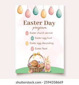Easter program template with Easter bunny and colored eggs in a twigs basket, festive design for holiday events and seasonal celebrations