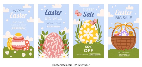 Easter promotion collection of vertical social media template. Design on sky blue background with painted eggs, floral elements, basket full of eggs. Hand drawn Spring sale set.