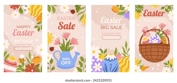 Easter promotion collection of vertical social media template. Design with flowers, basket, painted eggs and cute bee, ladybug. Hand drawn Spring sale set.