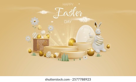 Easter promotional poster template with traditional elements of golden eggs, rabbits, egg baskets, flowers, display stands, clouds, elegant holiday background design.