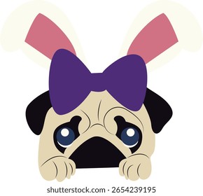 Easter Pug Bunny Ears Bow Digital Art Peeking hand drawn