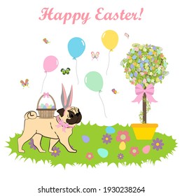 Easter pug hunting eggs vector illustration on the white background. Vector illustration