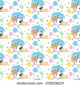 Pug de Pascua usando orejas de conejito patrón sin fisuras en el fondo blanco. Ilustración del vector