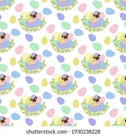 Easter Pug wearing bunny ears seamless pattern on the white background. Vector illustration