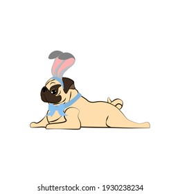 Easter Pug wearing bunny ears vector illustration on the white background. Vector illustration
