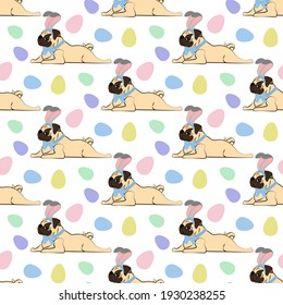 Pug de Pascua usando orejas de conejito patrón sin fisuras en el fondo blanco. Ilustración del vector