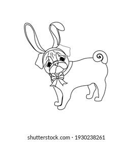 Easter Pug Wearing Bunny Ears Outline On The White Background. Vector Illustration