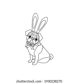 Easter Pug Wearing Bunny Ears Outline On The White Background. Vector Illustration