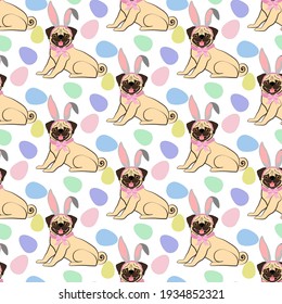 Easter Pug wearing bunny ears seamless pattern on the white background. Vector illustration