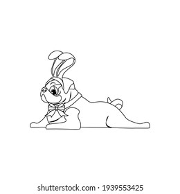 Easter Pug Wearing Bunny Ears Outline On The White Background. Vector Illustration