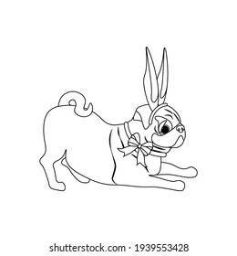 Easter Pug Wearing Bunny Ears Outline On The White Background. Vector Illustration