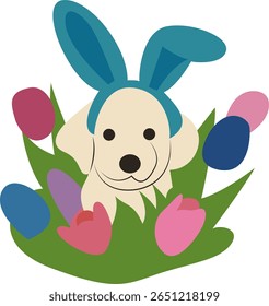 Easter Puppy Bunny Ears Tulips Grass Peeking hand drawn