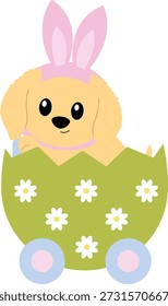 Cachorro de Pascua en Buggy de huevo con orejas de conejo