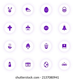 easter purple color vector icons on light round buttons with purple shadow. easter icon set for web, mobile apps, ui design and print