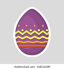 Easter purple egg icon isolated on a gray background. Volumetric with a white outline, with colored contrasting ornament of geometric line, zig zag and points. Vector Illustration. Spring holiday.