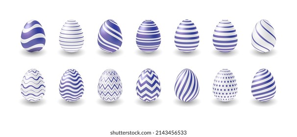 Easter purple eggs set design. 3d eggs in a trendy color of the year Very Peri. Vector elements for Easter design