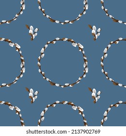 Easter pussy willow wreath seamless pattern. Spring branches vignette holiday texture. Happy Easter background. Fluffy willow vector design