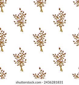 easter pussy willows branches, background of flowering willow branches on white, seamless spring pattern for holiday of easter