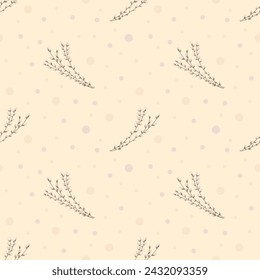 Easter pussy willows loop pattern. Vector pattern with flowering willow branches on a light yellow background. Seamless spring background for the holiday of Easter.