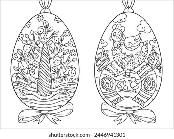 Easter pysanky coloring book page. Easter eggs with Ukrainian motifs and floral ornamens 