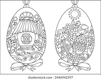 Easter pysanky traditional Easter eggs with Ukrainian motifs and floral ornamens, coloring book page