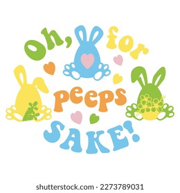 Easter Quote with bunny in Groovy style, vector modern font design, isolated on white. Kids invitation cards, baby fashion
